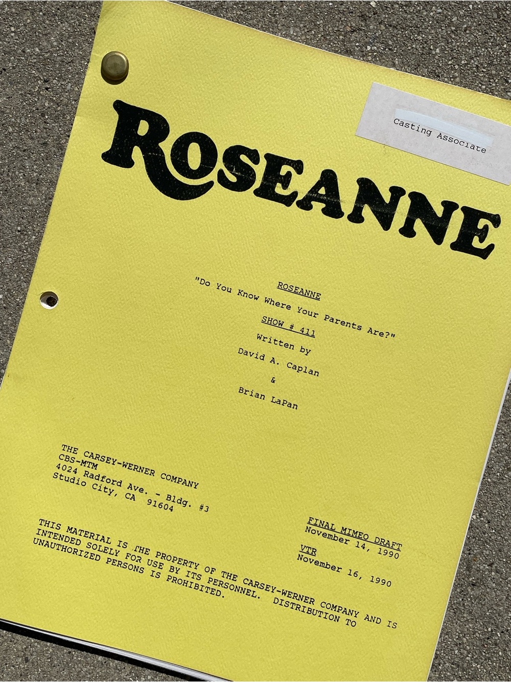 Roseanne 1990 Production Used Final Mimeo Draft Script Where Your Parents Are?
